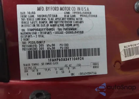 2004 Ford Thunderbird z USA, uszkodzony, nr VIN 1FAHP60AX4Y104924